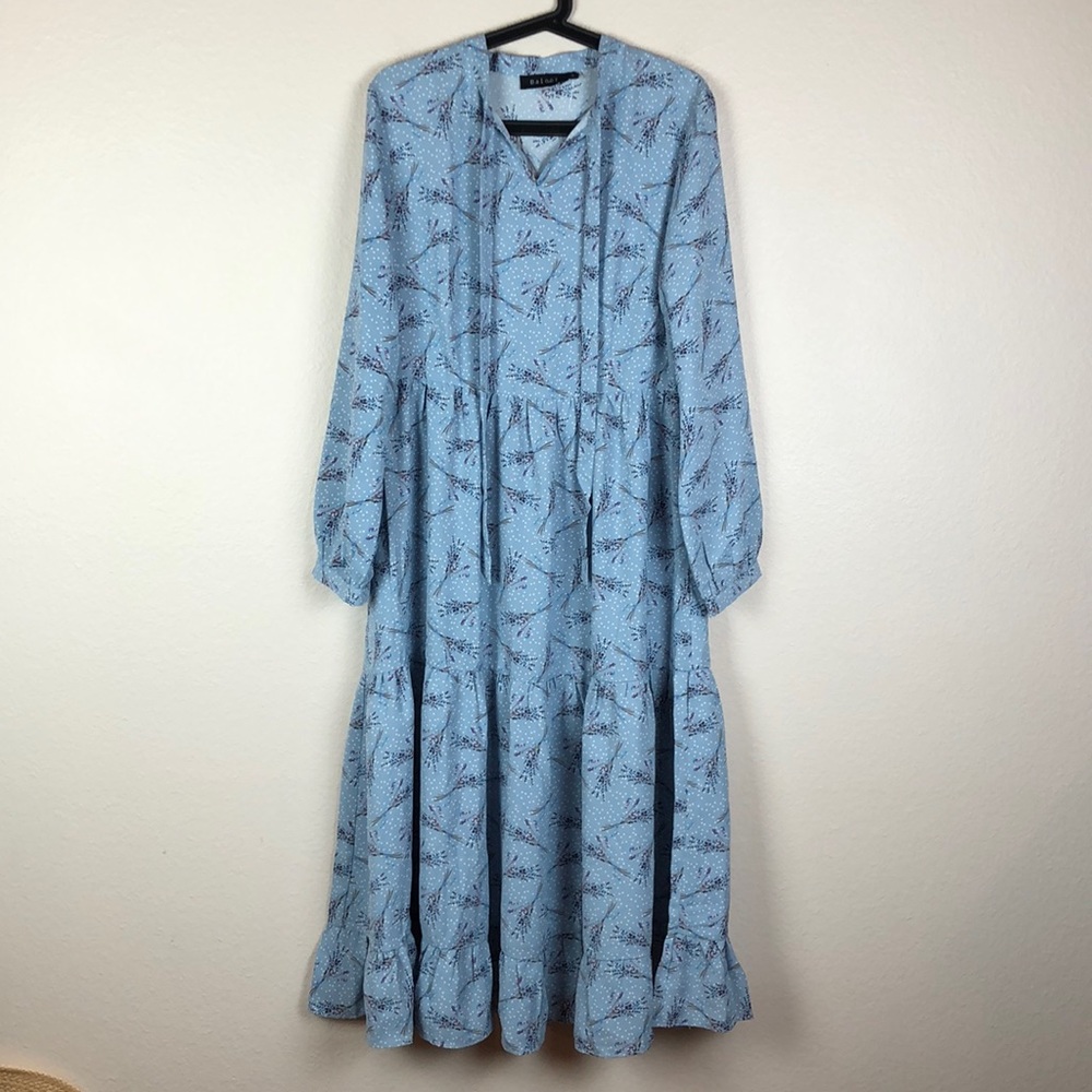 NWOT Baloot Tie Neck Long Sleeve Tiered Maxi Dress Sz L